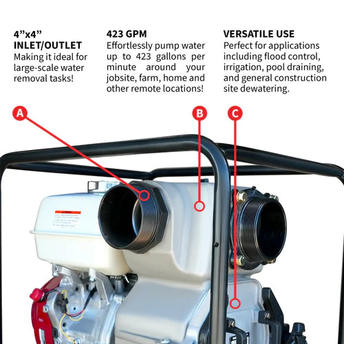 Tomahawk Power 4 Inch Trash Water Pump 423 GPM 13 HP GX390 powered by Honda Portable Utility