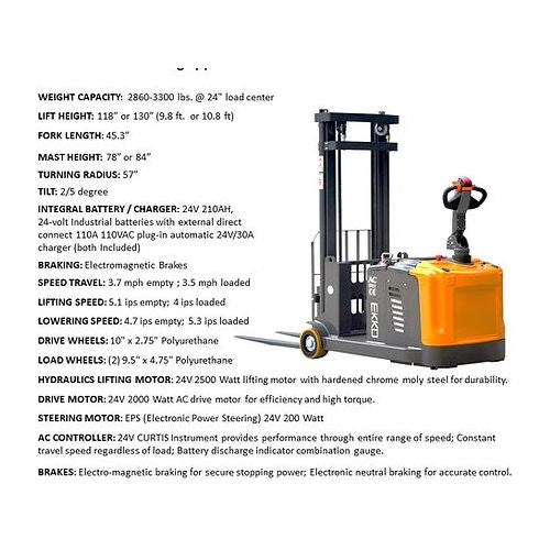 EKKO EK14-130 Precision Counterbalanced Walkie Stacker - 3300 lb Capacity, 130-inch Lift Height, Ideal for Versatile Indoor Material Handling