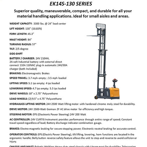 EKKO EK14S-130 Precision Counterbalanced Walkie Stacker with Side-Shifting - 130-inch Lift Height, Ideal for Versatile Indoor Material Handling